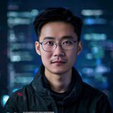 娜娜科技安全工程师刘子航头像，严肃认真的男性安全专家，背景为代码屏幕